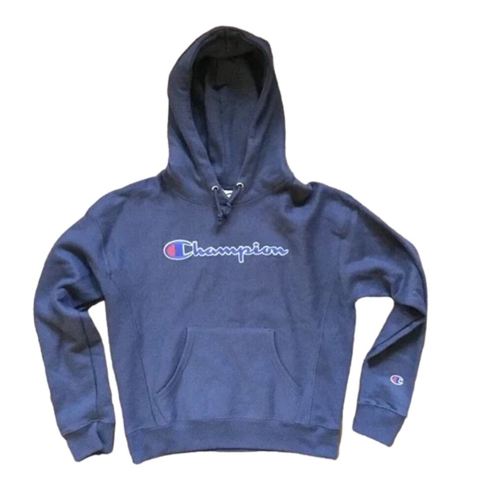 NWT CHAMPION Reverse Weave Cropped Spellout Hoodie in Navy Blue SZ S